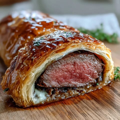 Individual Beef Wellington with golden puff pastry, tender beef filet, and rich mushroom duxelles on a rustic wooden board.