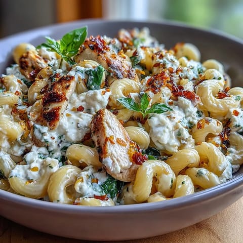 High protein pasta bowl with grilled chicken, creamy cottage cheese, and fresh spinach for a nourishing meal.  