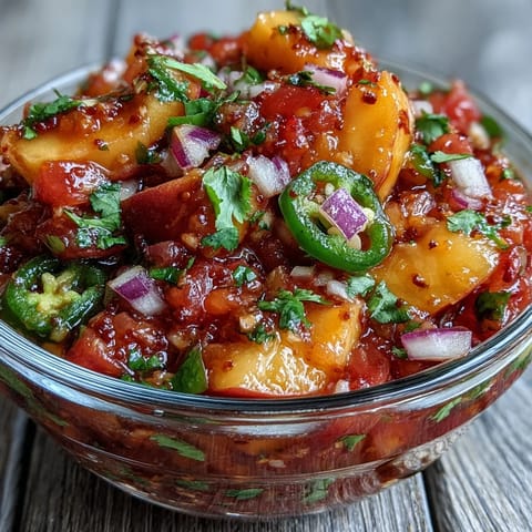 Fresh Fricy Peach Jalapeño Salsa, a colorful, zesty topping for summer fish.