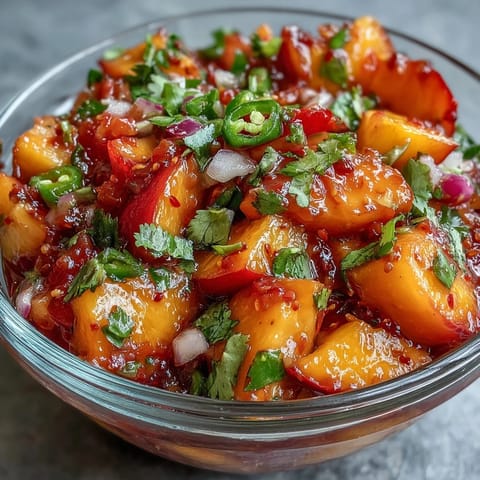 Vibrant Fricy Peach Jalapeño Salsa bursts with sweet, spicy flavors on grilled fish.