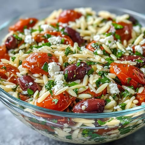 Crumbled feta crowns this summery orzo salad, a refreshing side dish.