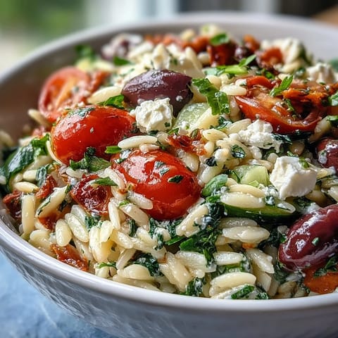 Bright Summer Orzo Salad with Feta; zesty lemon coats tender pasta, ripe tomatoes.