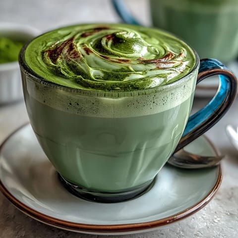 Creamy matcha oat milk latte, naturally vibrant green and beautifully frothed.