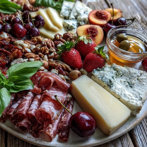 Vibrant Summer Charcuterie Board with fruit, cheese, and a honey drizzle.