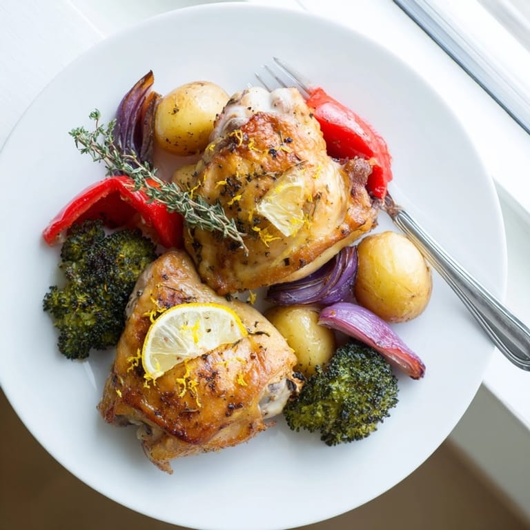 Juicy Honey Lemon Roasted Chicken Sheet Pan surrounded by roasted potatoes, broccoli, and vibrant peppers.