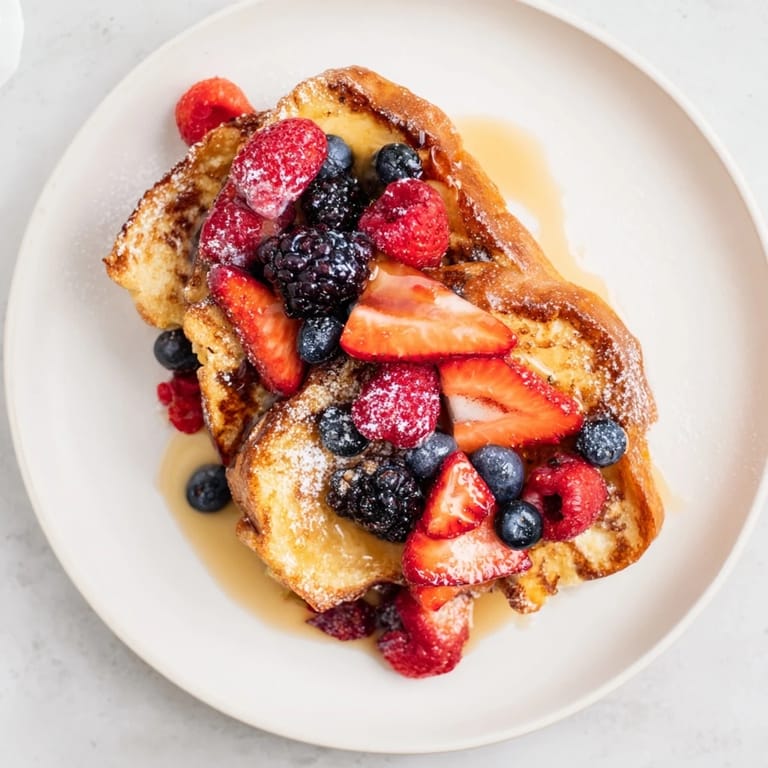 Warm, cinnamon-kissed French toast with a vibrant berry medley, perfect for a special brunch bite.