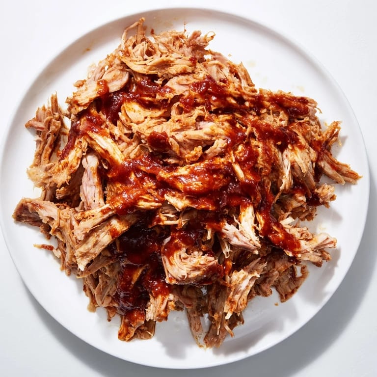 A close-up of slow-cooked 5-Ingredient BBQ pulled pork, smoky and delicious, perfect for a feast.