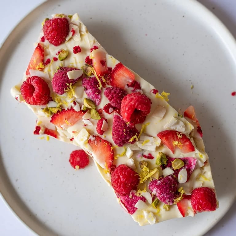 Vibrant red berries dot the chilled surface of this delicious Frozen Yogurt Bark creation.