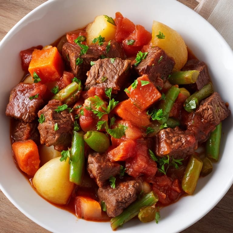 A steaming bowl of flavorful beef and vegetable stew, perfect for a cozy, comforting meal.