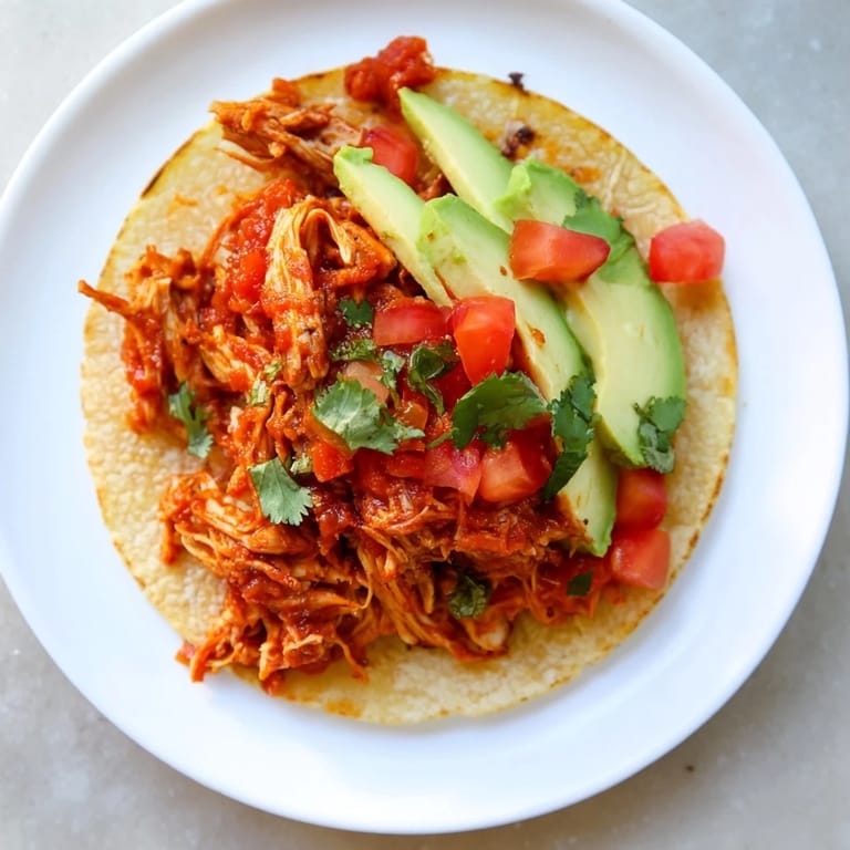 Warm, juicy slow cooker shredded chicken tacos with a colorful array of fresh, tasty toppings.