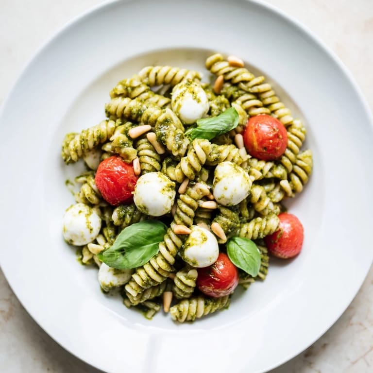 Creamy mozzarella and vibrant pesto coat the cold pasta salad, perfect for a summer picnic idea.