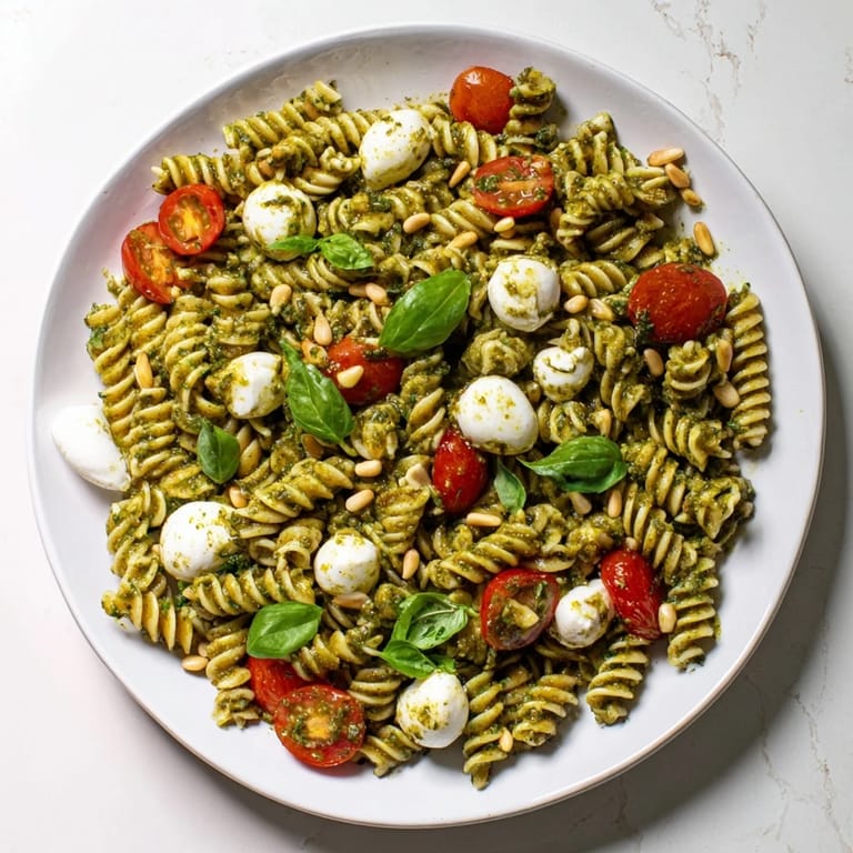 This Italian-inspired cold pasta salad showcases fresh mozzarella, basil pesto, and ripe cherry tomatoes.