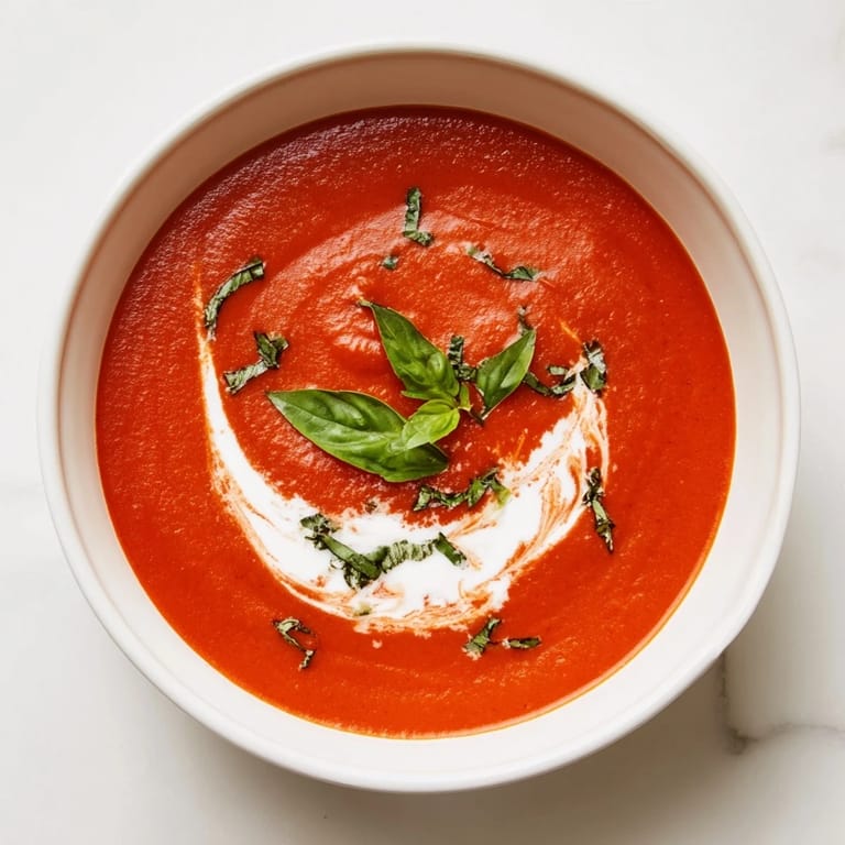 Rich and red, this homemade Comfort Soup showcases the vibrant flavors of tomato and basil.