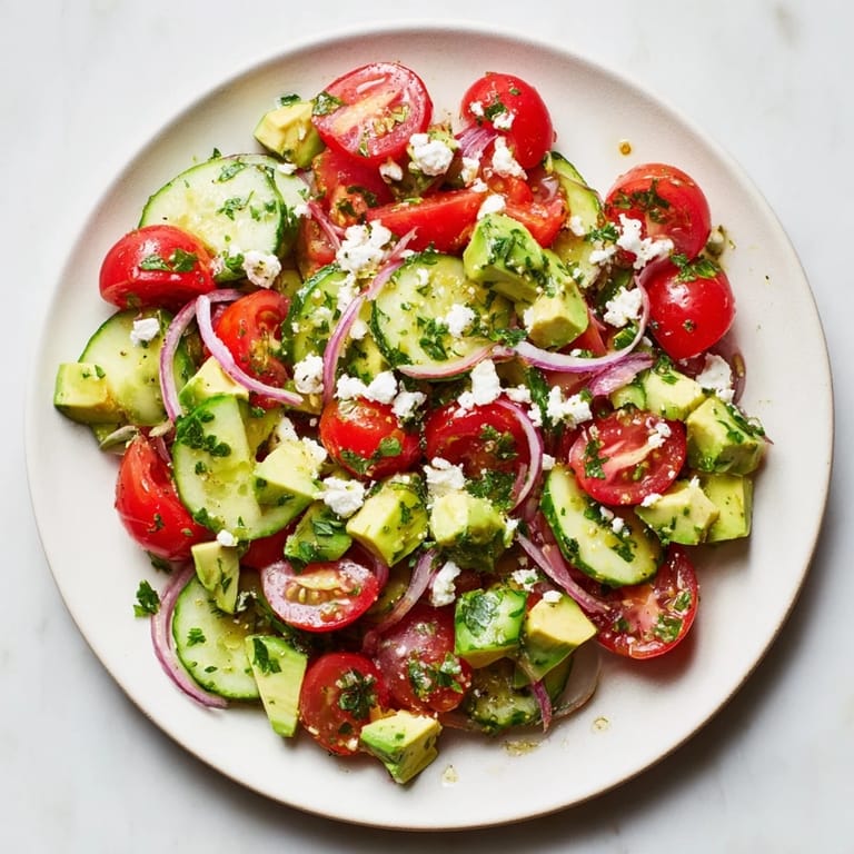 Close-up of a vibrant Cucumber, Tomato, and Avocado Salad with creamy avocado, and crumbled feta cheese.