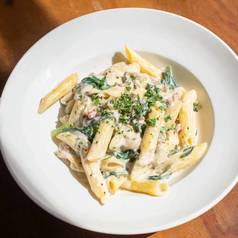 A close-up shot of The Magic Casserole: Creamy Spinach Pasta One-Pot, creamy and rich with melted cheese.