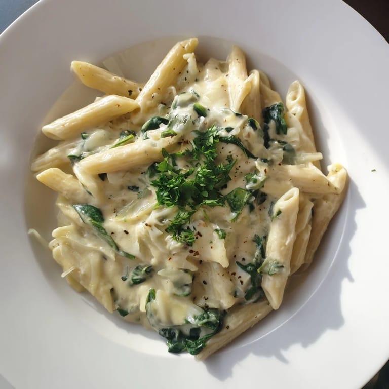 Enjoy a forkful of The Magic Casserole: Creamy Spinach Pasta One-Pot, a hot, flavorful vegetarian meal.