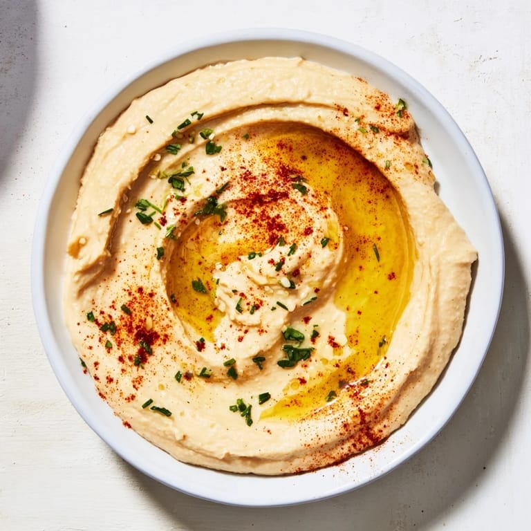Bright, flavorful 5-minute homemade hummus, ready to be scooped up with warm pita bread.