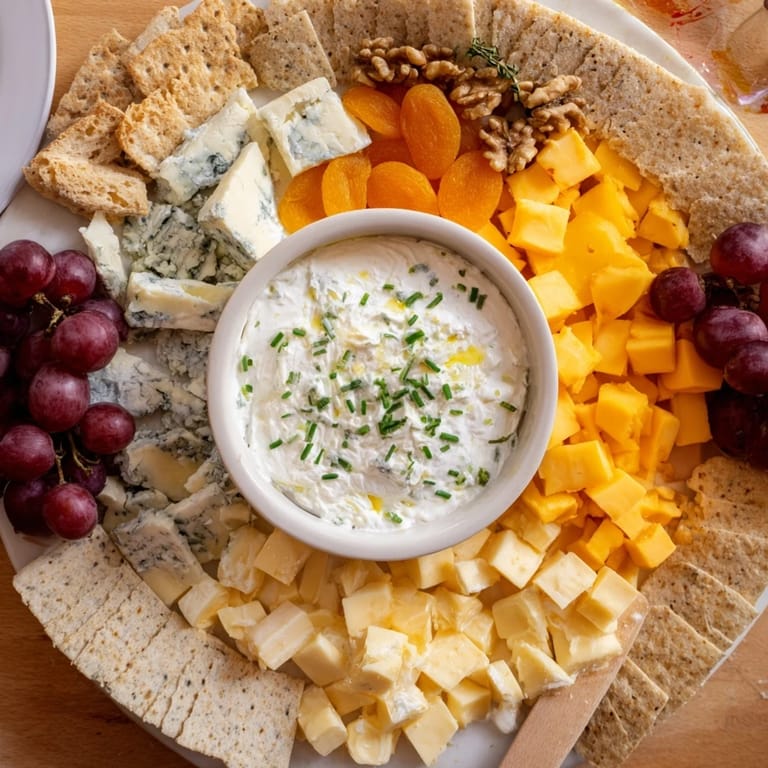 A visually appealing The Celtic Cross Cheese Platter with honey drizzled over the blue cheese, ready to serve.