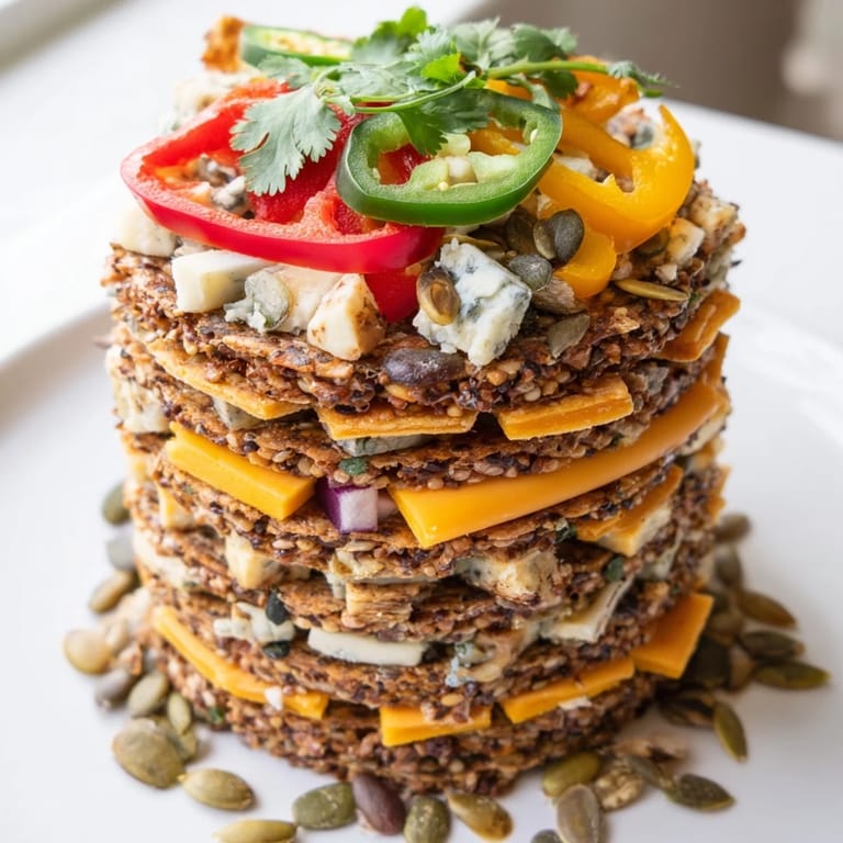 Savory Southwest Mesa appetizer features cracker stacks with pepper jack cheese and jalapeño slices for a kick.