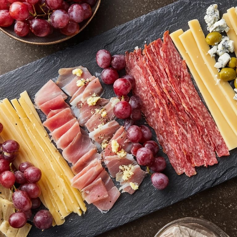 A close-up of The Industrial Slate, showcasing beautifully arranged meats and cheeses ready to serve.