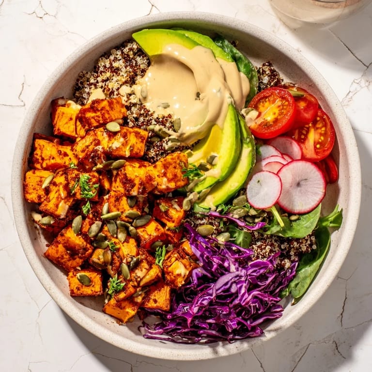 A delicious Complete Veggie Bowl featuring fluffy quinoa, colorful veggies, and creamy tahini vinaigrette.