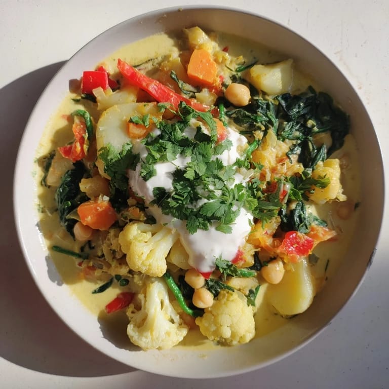 This warm Waste-Free Vegetarian Curry showcases colorful vegetables simmered in coconut milk, ready and delicious.