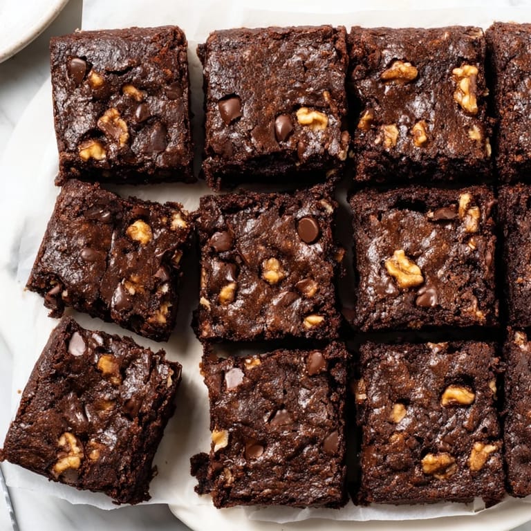 Close-up of decadent, one-pan fudgy walnut brownies, showcasing walnut pieces, fudgy texture, and deliciousness.