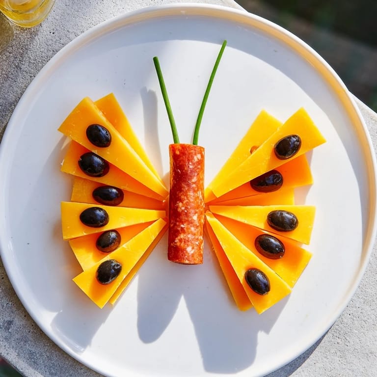 Easy-to-make butterfly migration appetizer: vibrant cheddar and salami bring this party-ready dish to life.