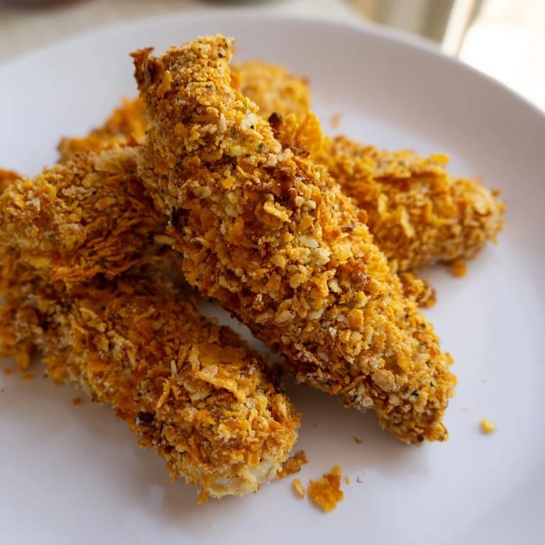 Close up of freshly baked crispy onion chip chicken tenders, boasting a delicious crunch.