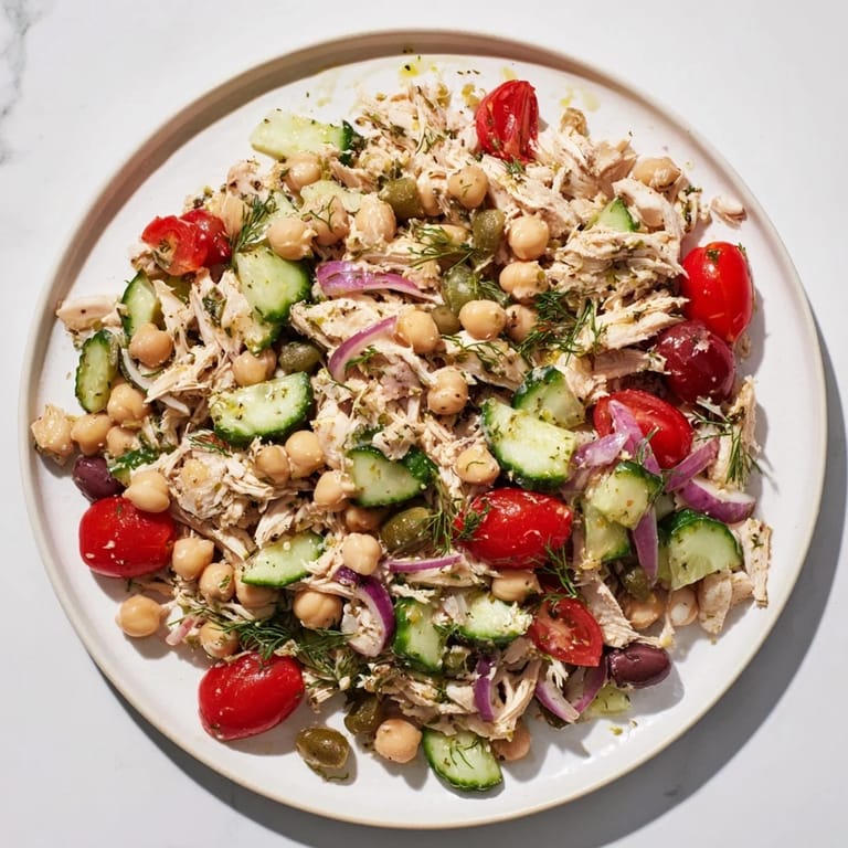 Freshly tossed Dense Bean Salad with Lemon-Dill Chicken, complete with lemon-dill dressing.