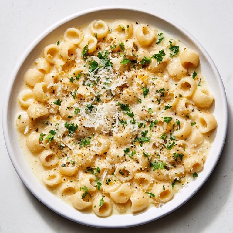 Close-up of golden One-Pot Garlic Butter Ditalini, showing the perfectly cooked ditalini pasta.