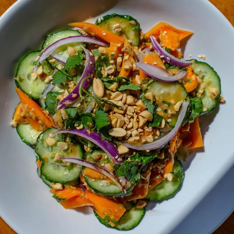 Cooling and delicious Thai-Style Peanut Cucumber Salad ready to eat, served in a large bowl.