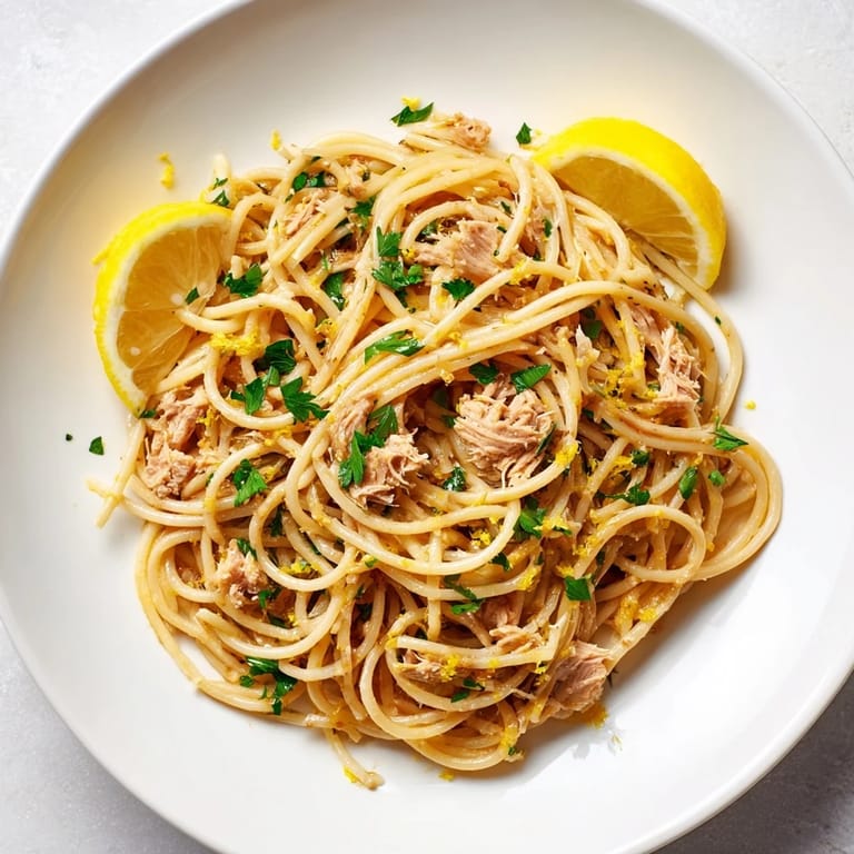 Enjoy a close-up of the delicious Lemon-Garlic Tuna Spaghetti, ready for a quick and easy dinner.