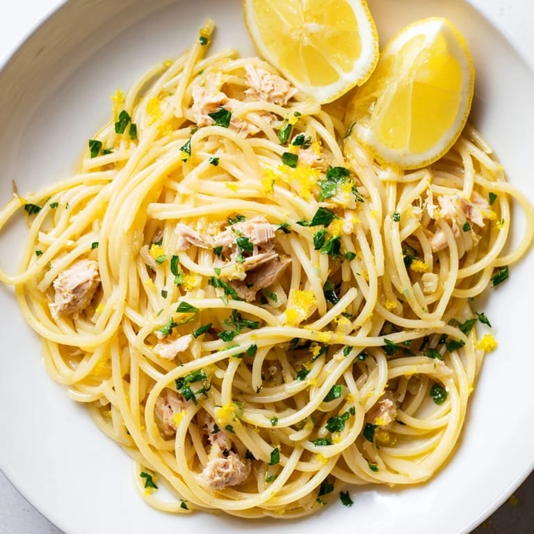 This photo features perfectly twirled Lemon-Garlic Tuna Spaghetti, garnished with fresh parsley and lemon wedges.