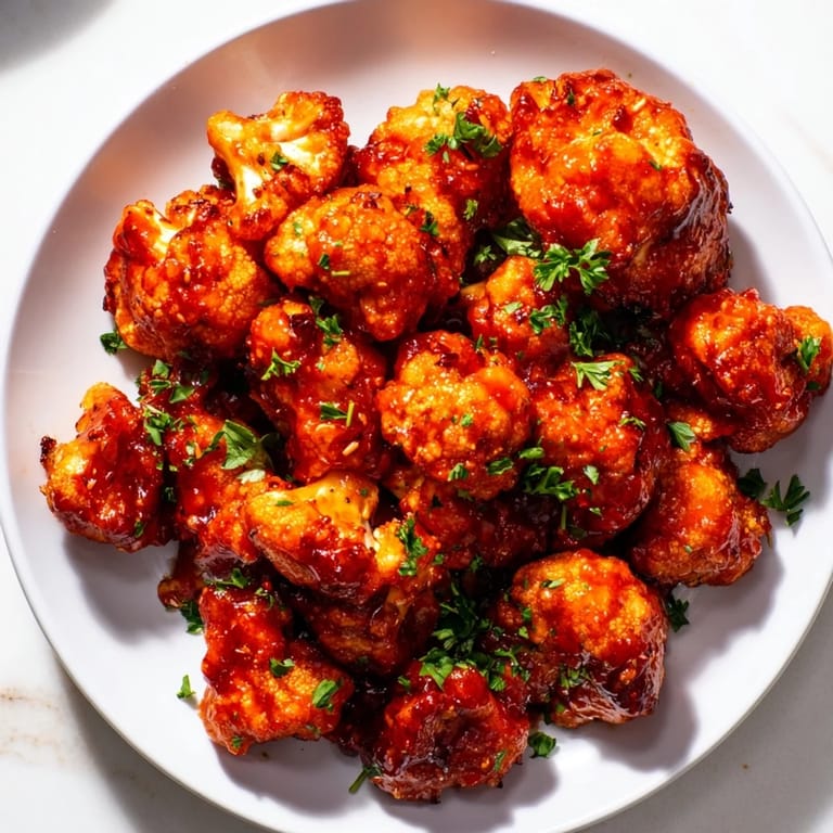 Imagine the tempting, spicy aroma of these Sriracha-Buffalo Cauliflower Bites, perfect alongside cool vegan ranch.