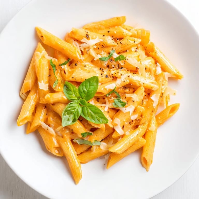 A steaming bowl of Basil Garlic One-Pot Creamy Tomato Pasta, garnished with fresh basil leaves.