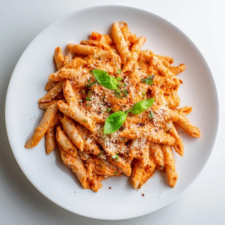 Close-up of Basil Garlic One-Pot Creamy Tomato Pasta, showcasing the creamy sauce and al dente pasta.