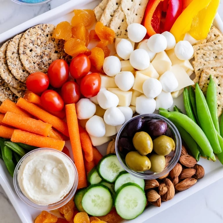The Veggie Snack Board offers a delightful mix of fresh veggies, crunchy crackers, and cheeses for a delicious adult Lunchable.