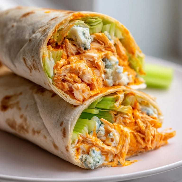 Enjoy a close up of the juicy, cheesy Buffalo Chicken Dip Wraps cut open, showing the perfect filling.
