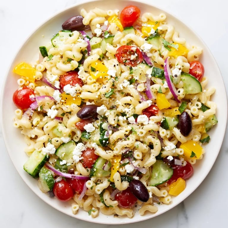 Tossed Lemon Pasta Salad with feta and Kalamata olives, perfect for a summer picnic lunch.