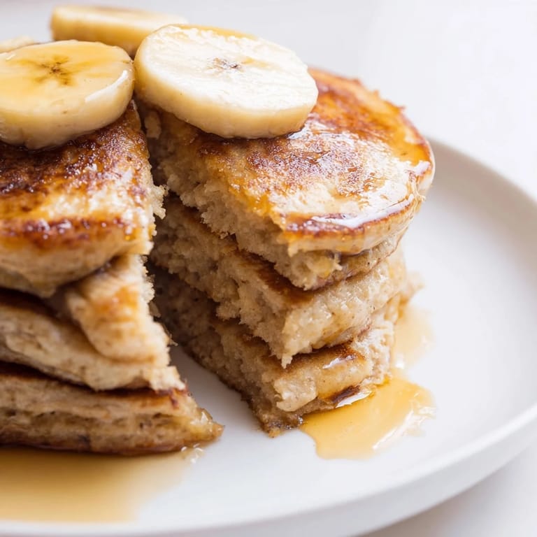 Stack of light, airy Protein Banana Pancakes with visible flecks of banana, a delightful breakfast.
