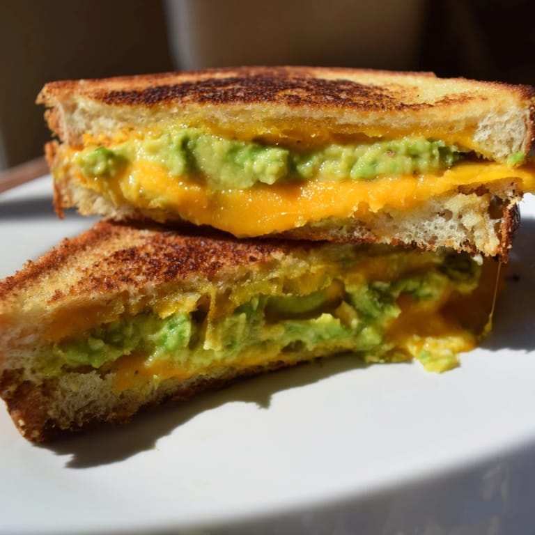 Mouthwatering close-up of Avocado Toast Grilled Cheese, perfectly toasted with oozing cheesy goodness.