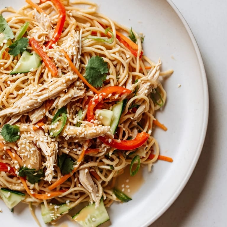 Freshly tossed Chilled Chicken Noodle Salad with sesame dressing, ready to be served and enjoyed.