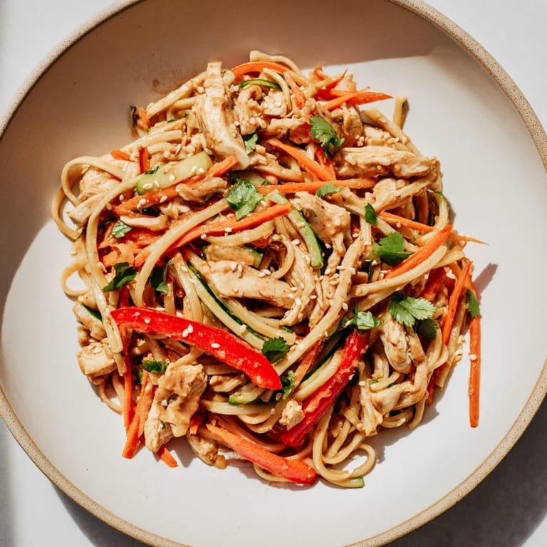 Close-up of a vibrant Chilled Chicken Noodle Salad, showcasing tender chicken and rice noodles.