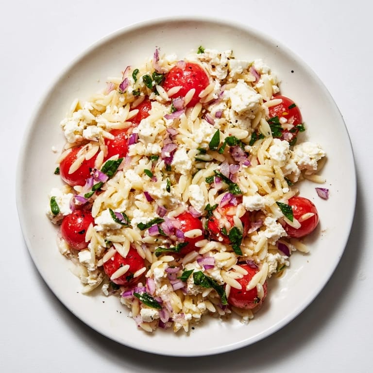 Close-up of freshly tossed Tomato Feta Orzo, showcasing ripe tomatoes and flavorful herbs.