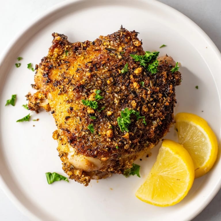 Air-fried and glistening, crispy garlic chicken thighs are ready to serve with fresh parsley and lemon.