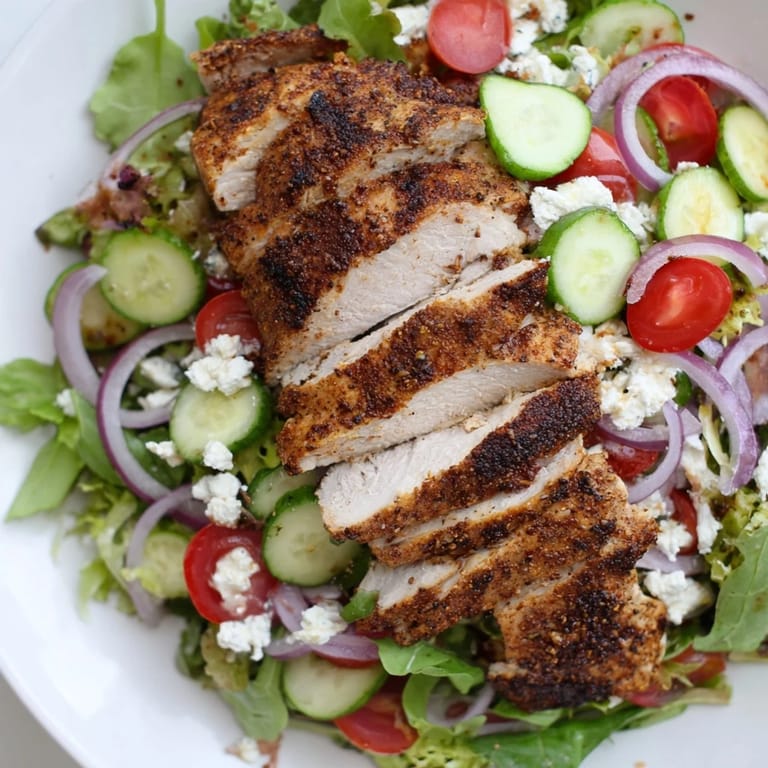 Freshly seared chicken slices on a bed of salad in this Quick Pan-Seared Chicken Salad recipe.