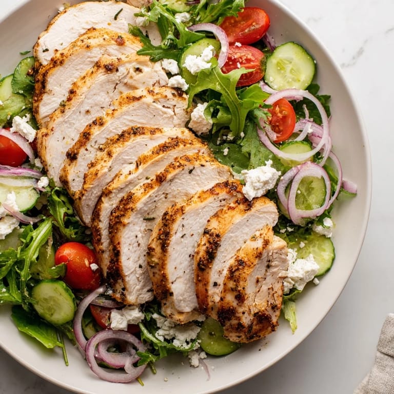 Juicy, pan-seared chicken rests on a colorful salad, part of this Quick Pan-Seared Chicken Salad dish.