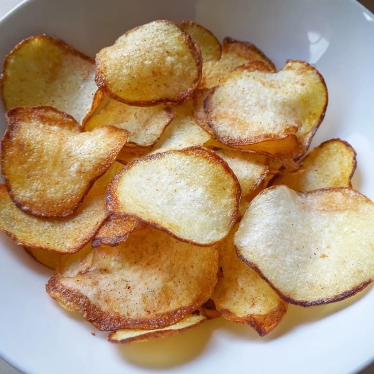 Close-up of perfectly crisp golden Homemade Air-Fryer Potato Chips, ideal for a quick and simple snack.