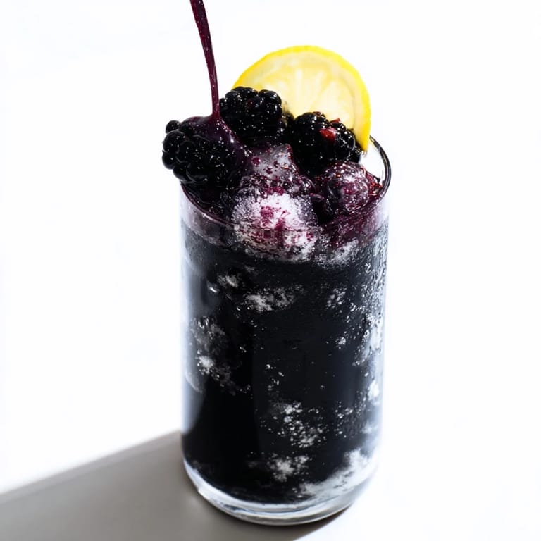 This striking Dark Matter Mocktail features inky black layers contrasted with vibrant garnishes and crushed ice.